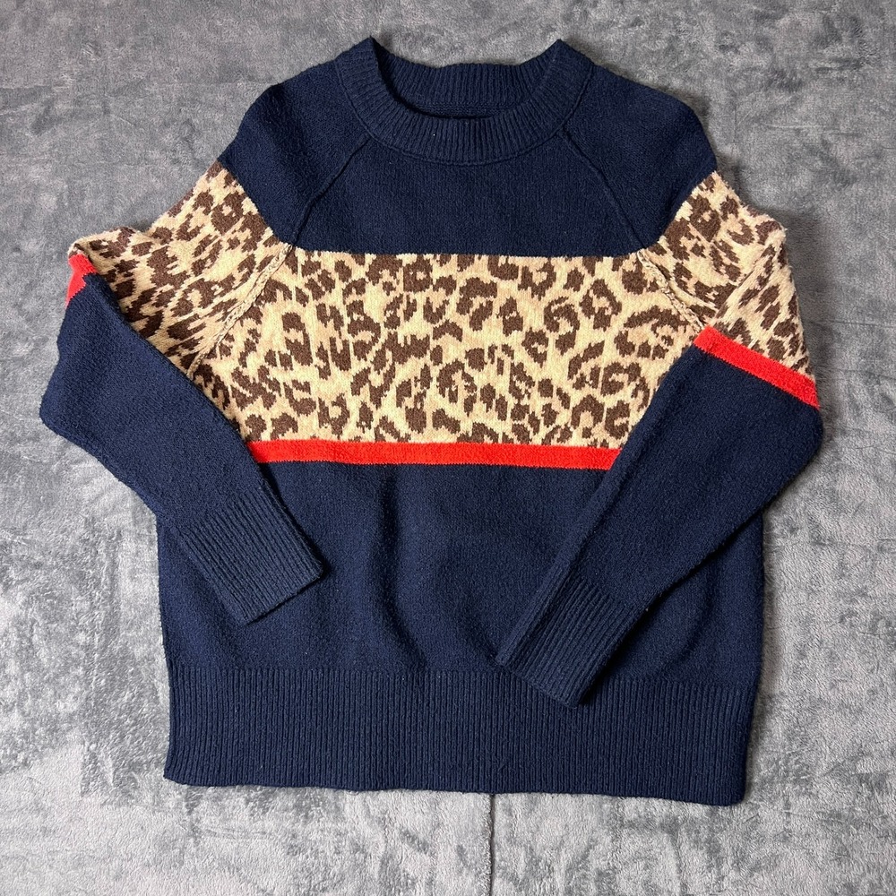 Aerie Womens XXS Navy Blue Leopard Print Colorblock Sweater Crewneck Long Sleeve